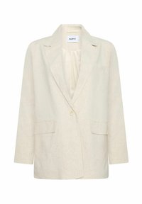Beige len blézer, kihajtott gallérral, egygombos záródással és két elülső zsebbel. Texturált anyag, laza szabás, látható minták nélkül.
