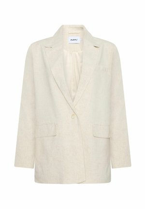 Smėlio spalvos lininis švarkas su įpjauta apykakle, vienu mygtuku užsegamas ir dviem priekinėmis kišenėmis. Textūruotas audinys, laisvas fasonas, be matomų raštų.