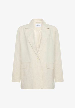 Blazer de lino beige con solapa muesca, cierre de un solo botón y dos bolsillos frontales. Tejido texturizado, corte relajado, sin patrones visibles.