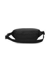 Marsupio in nylon nero con scomparto principale con zip, tracolla regolabile e un design elegante e arrotondato con una superficie liscia.