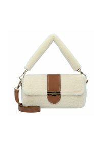 Texturiertes Cream-Faux-Fur-Handtäschchen mit einem braunen Leder-Tragegurt und Akzenten. Mit einem Klappenverschluss und goldfarbenen Beschlägen. Abnehmbarer langer Tragegurt.