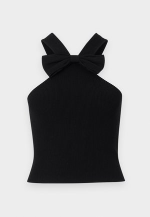 Top halter negru, cu striții, featuring bretele late și un detaliu sub formă de fundiță în spate, având o siluetă ajustată și o textură netedă.