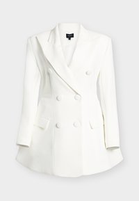 White double-breasted blazer with sharp lapels, two side pockets, covered buttons, and a tailored fit; made from smooth, structured fabric.
