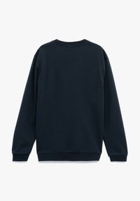 Sudadera azul marino con mangas largas, cuello redondo y dobladillo acanalado. El material parece suave con una textura lisa. Vista posterior.