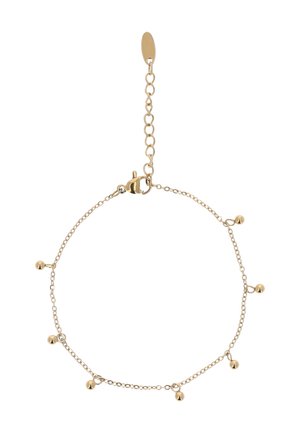 Brățară delicată din lanț auriu cu charmuri mici sub formă de bile distribuite uniform și un închizător reglabil cu prelungitor de lanț.