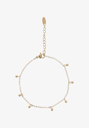 Brățară delicată din lanț auriu cu charmuri mici sub formă de bile distribuite uniform și un închizător reglabil cu prelungitor de lanț.