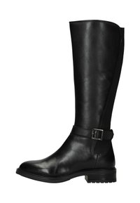 Zwarte leren kniehooglaars met een slank design, voorzien van een zilveren gespdetail en een gestructureerd oppervlak; duurzame rubberen zool.