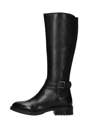 Zwarte leren kniehooglaars met een slank design, voorzien van een zilveren gespdetail en een gestructureerd oppervlak; duurzame rubberen zool.
