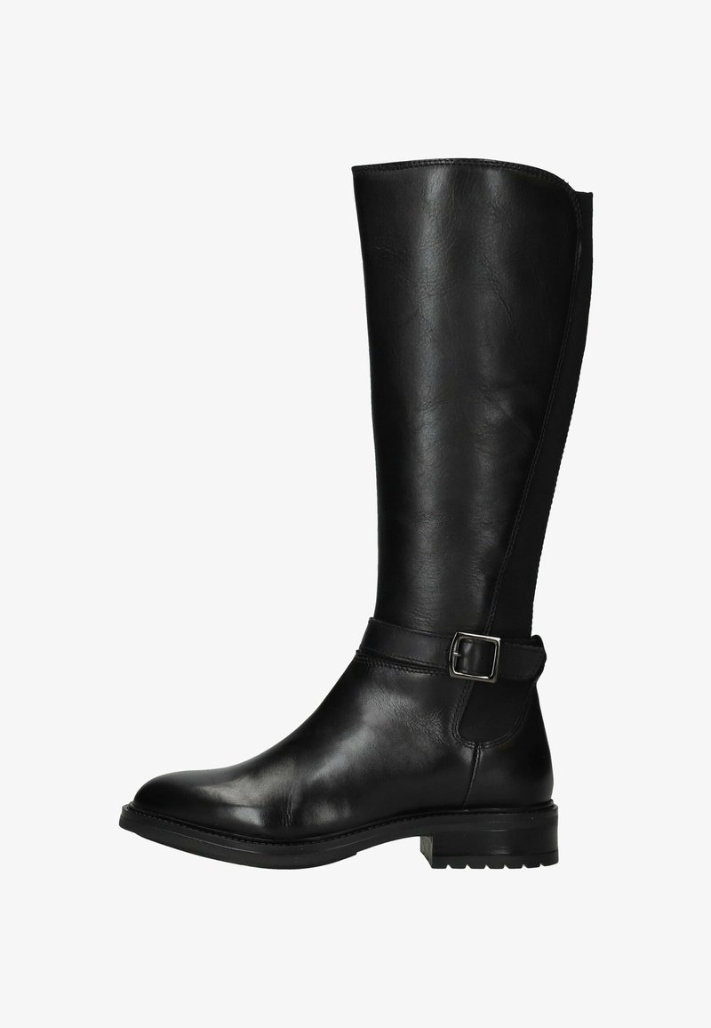 Zwarte leren kniehooglaars met een slank design, voorzien van een zilveren gespdetail en een gestructureerd oppervlak; duurzame rubberen zool.