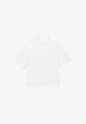 T-shirt blanc en coton à manches courtes avec un col rond. Design simple, coupe décontractée, texture lisse. Aucun motif ni accent visible.