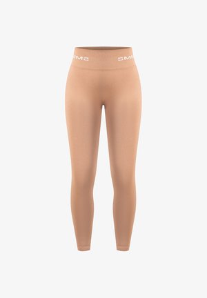 Beige seamless leggings med høj talje og "SMIME" branding. Fremstillet af elastisk materiale med glat tekstur og fuld længde.