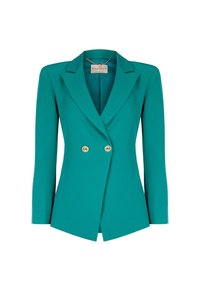 Blazer ajusté bleu sarcelle avec larges revers, manches longues et deux boutons dorés sur le devant, présenté sur fond blanc.