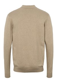 Beige long-sleeve knit sweater with ribbed cuffs and hem, shown from the back.
