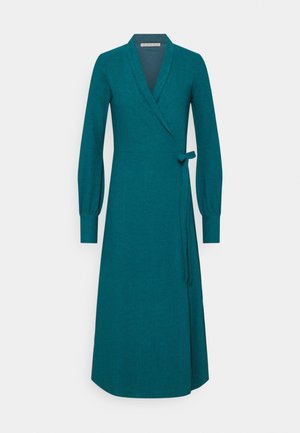 Teal long-sleeve wrap dress with a V-neckline, fitted cuffs, and a side tie closure, displayed on a plain white background.