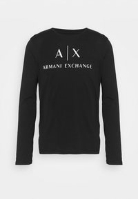 Black long-sleeve T-shirt made of cotton, featuring a white logo "A/X ARMANI EXCHANGE" printed on the front. Smooth texture, crew neck design.