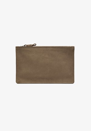 Brown suede clutch bag with a zipper closure and twisted cord detail. Flat, rectangular shape with smooth texture and stitched edges.