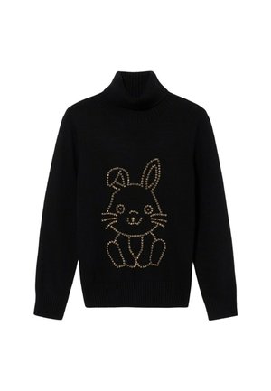 Czarny golf wykonany z dzianiny, z przodu ozdobiony złotym, ćwiekowanym wzorem królika. Ściągacze przy mankietach i na dole.