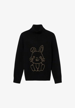 Czarny golf wykonany z dzianiny, z przodu ozdobiony złotym, ćwiekowanym wzorem królika. Ściągacze przy mankietach i na dole.