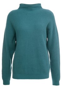 Maglione lavorato a maglia di colore turchese con scollatura alta, texture a coste e maniche lunghe. Presenta una vestibilità ampia e polsini e orlo a coste.