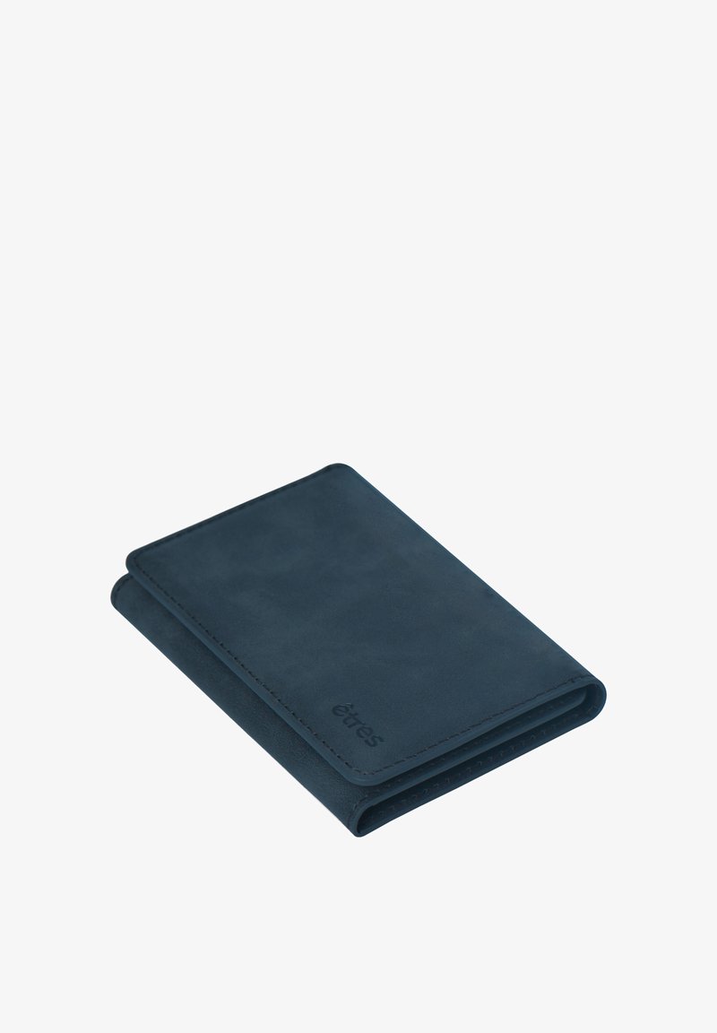 Navy blue leather wallet with a smooth texture, bi-fold design, and embossed branding on the front. Compact and clean lines.
