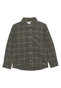 Groene geruite blouse met blauwe lijnen, lange mouwen, knoopsluiting aan de voorkant en een enkele borstzak met een rechthoekig label aan de zoom.