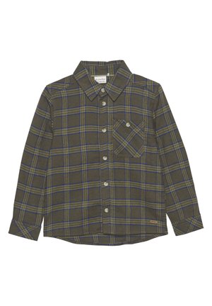 Groene geruite blouse met blauwe lijnen, lange mouwen, knoopsluiting aan de voorkant en een enkele borstzak met een rechthoekig label aan de zoom.