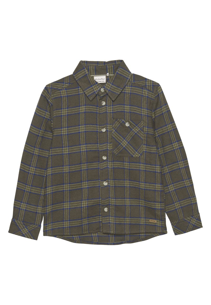 Groene geruite blouse met blauwe lijnen, lange mouwen, knoopsluiting aan de voorkant en een enkele borstzak met een rechthoekig label aan de zoom.