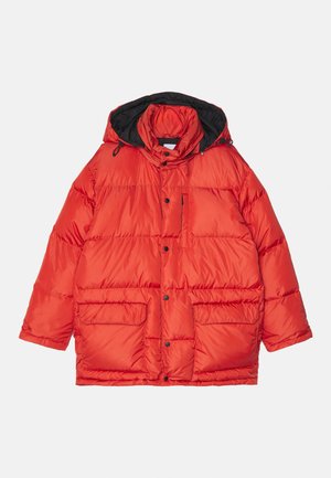 Red puffer jacket with a black hood, featuring a zip closure, two front pockets, and a quilted design for added insulation.