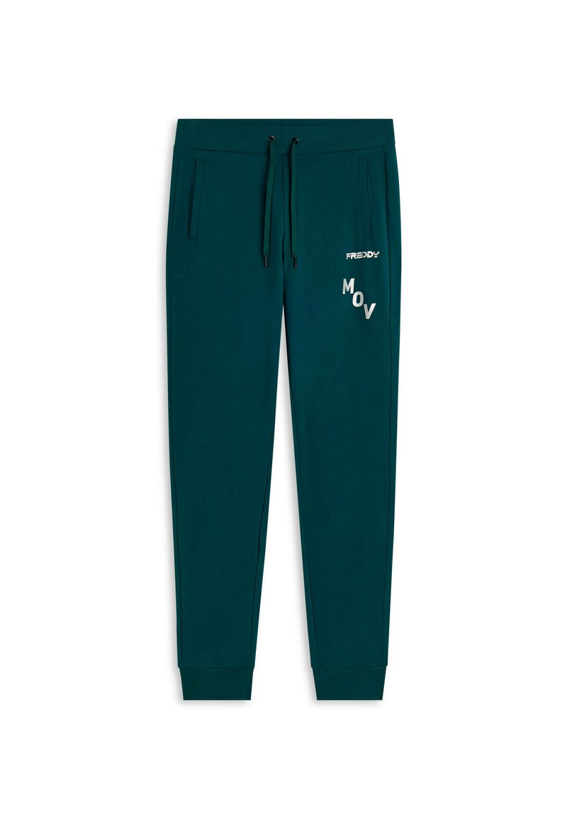 Pantaloni tuta tapered in teal con vita regolabile tramite coulisse, tasche laterali, polsini a costine e testo bianco "FREDDY" e "MOV" sulla coscia destra.