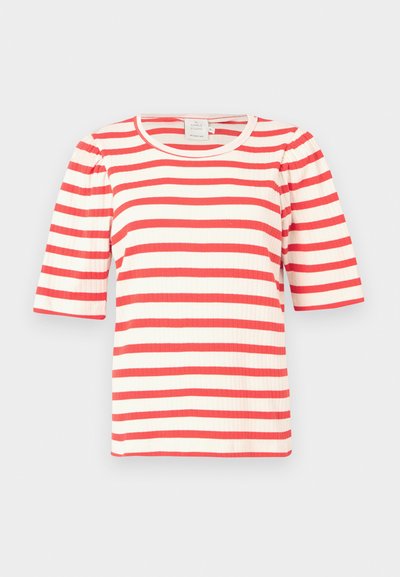 Červeno-biele pruhované tričko s krátkym rukávom, s rebrovanou textúrou a okrúhlym výstrihom. Puff rukávy dodávajú dizajnu objem.
