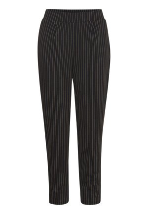 Mustad püksid kitsaste vertikaalsete triipudega kontrastses värvis. Omab voldikuid vööl ja kitsenevat sääre disaini. Sile tekstuur.