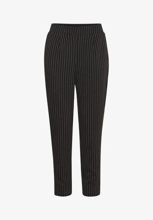 Mustad püksid kitsaste vertikaalsete triipudega kontrastses värvis. Omab voldikuid vööl ja kitsenevat sääre disaini. Sile tekstuur.