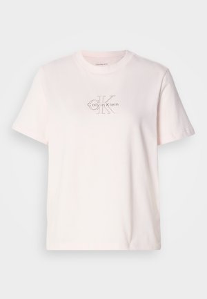 Lyserød bomull T-skjorte med rund hals, med en sølv brodert "Calvin Klein"-logo og subtil "CK"-design på brystet.