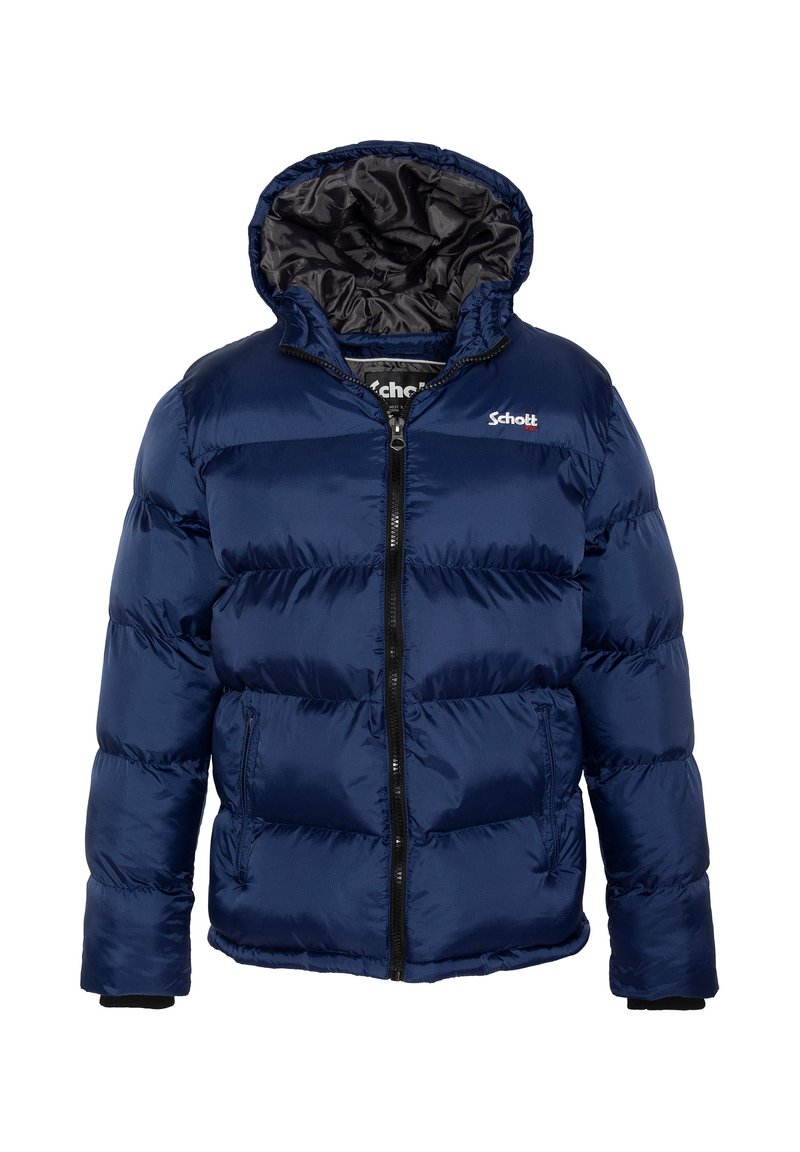 Giacca puffer blu navy con zip frontale, cappuccio e polsini a costine. Presenta una texture lucida e un motivo a cuciture orizzontali. Logo sul petto.