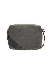 Borsa a tracolla rettangolare grigia con superficie testurizzata, spallaccio regolabile e chiusura con zip. Design semplice senza hardware o dettagli visibili.