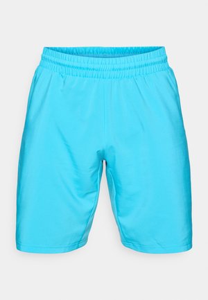 Lichtblauwe korte broek met een elastische tailleband. Heeft een gladde, licht glanzende textuur en rechte pijpen. Geen zakken of patronen.