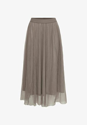 Pleated maxi skirt in taupe, featuring a smooth waistband and a flowing silhouette. Made of lightweight, sheer material with fine texture.