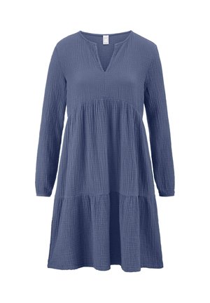 Langärmliges V-Ausschnitt-Kleid aus strukturiertem, weichem blauen Stoff mit einem gestuften Design und einem lockeren Schnitt. Eignet sich für die Freizeit.