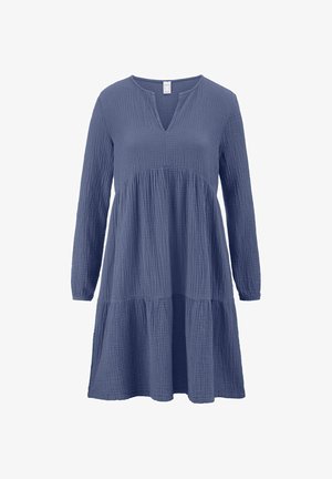 Langärmliges V-Ausschnitt-Kleid aus strukturiertem, weichem blauen Stoff mit einem gestuften Design und einem lockeren Schnitt. Eignet sich für die Freizeit.