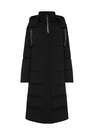 Black padded coat with a high collar, full-length design, visible quilted sections, snap and zip closure, and side pockets featuring straps.