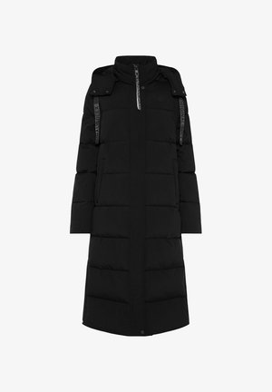 Schwarze gepolsterte Jacke mit hohem Kragen, knielanges Design, sichtbare gesteppte Abschnitte, Druckknopf- und Reißverschlussverschluss sowie seitlichen Taschen mit Riemen.