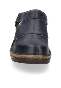 Dark blue leather slip-on shoe with a rounded toe, dual strap design, and a tan rubber sole. Visible stitching and textured finish.
