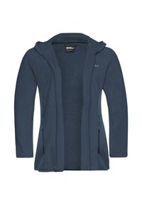 Giacca in fleece blu navy con zip frontale, cappuccio e due tasche laterali. Texture morbida, maniche lunghe e logo del marchio discreto sul petto.