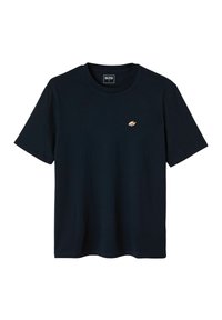 T-shirt noir à manches courtes avec col rond, petit logo brodé de poulet rôti sur le côté gauche de la poitrine et étiquette BZB taille L à l'intérieur du col.