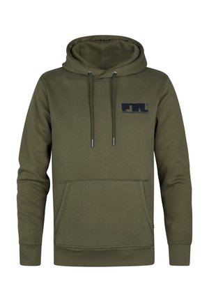 Sudadera verde oliva hecha de material de algodón suave, que cuenta con un bolsillo delantero, cordones y un pequeño logo impreso en el pecho.