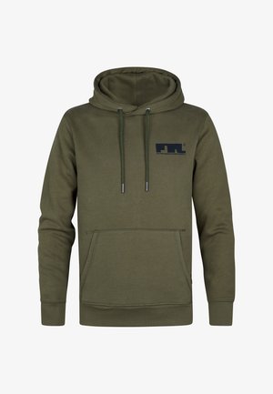 Felpa verde oliva realizzata in morbido cotone, con tasca frontale, cordini e un piccolo logo stampato sul petto.