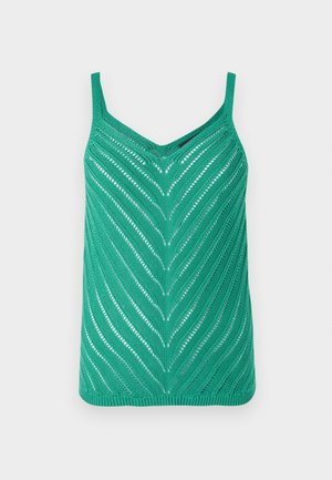 Green knitted tank top featuring a V-neck, chevron pattern, and thin straps. Open stitch design adds texture and visual interest.