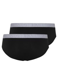 Černé bavlněné boxerky s měkkým šedým elastickým pasem, na kter�ém je embosované jméno značky "HANKRO". Zobrazeny jsou dva kusy, bezšvový design.