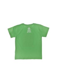 Grünes Baumwoll-T-Shirt mit kurzen Ärmeln, das auf der Rückseite ein weißes grafisches Design eines Affen mit Knochen zeigt, einschließlich des Jahres 1914.