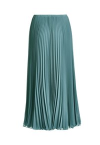 Jupe midi plissée couleur sarcelle avec une taille haute, un tissu fluide et des plis verticaux nets espacés de manière régulière.